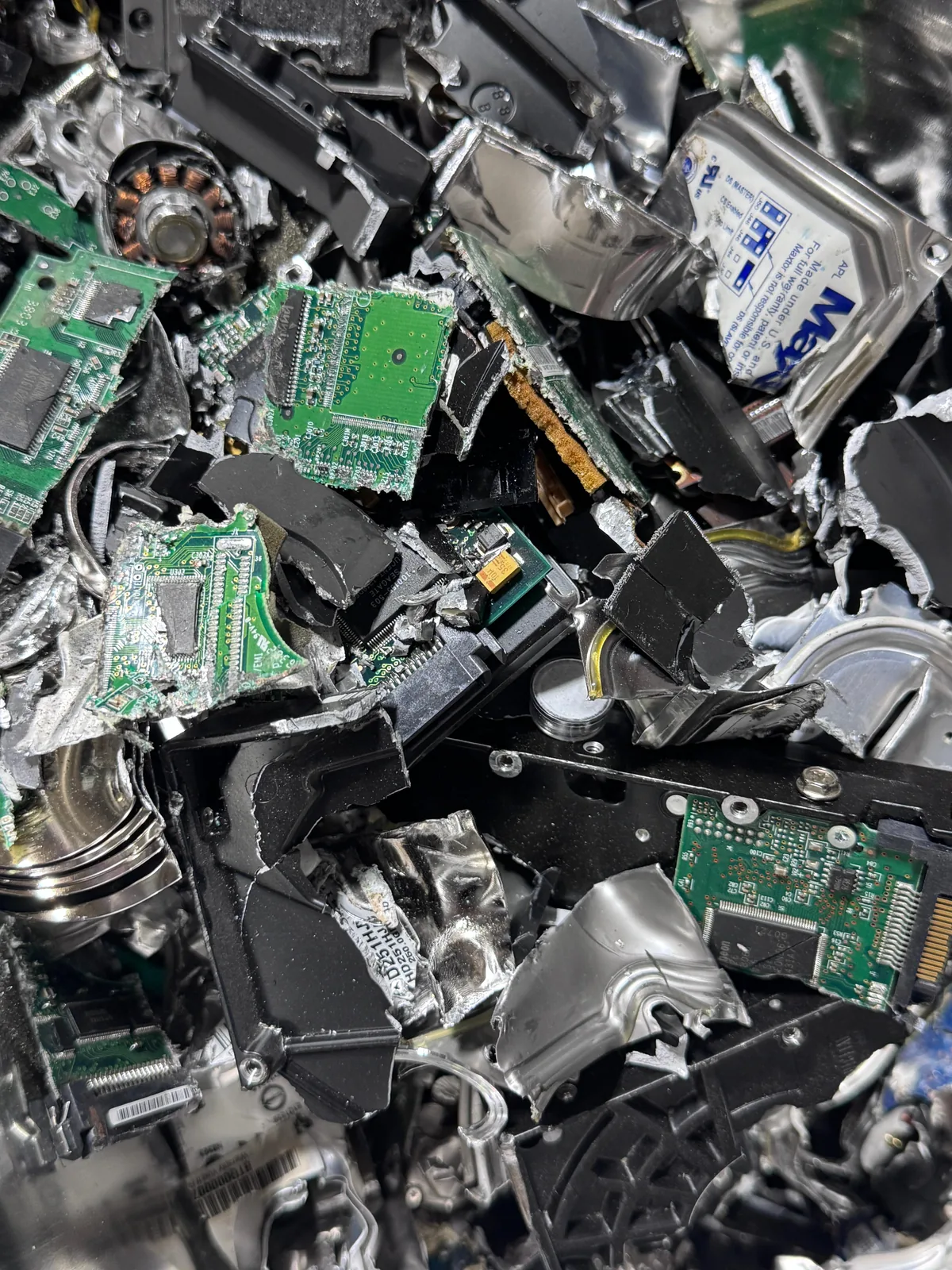 Shredded hard drive fragments after physical data destruction