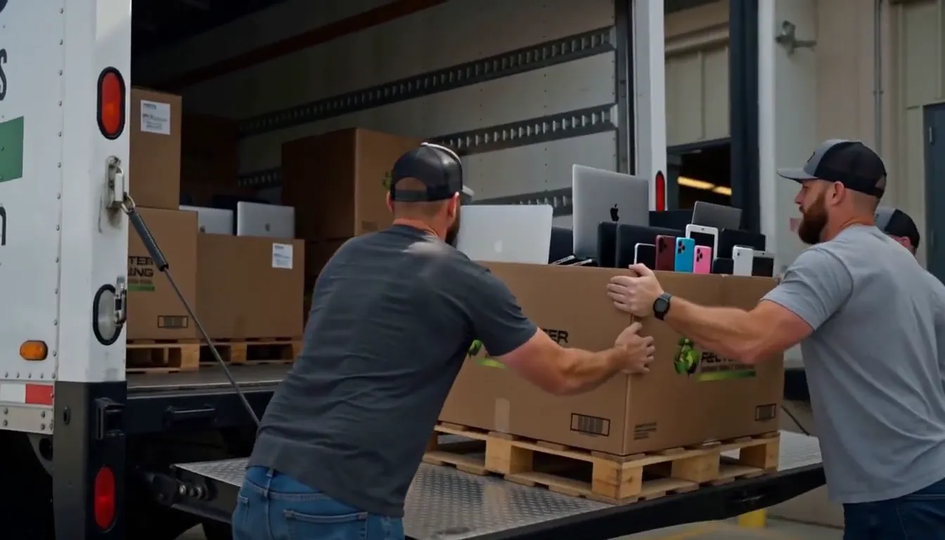 Our crew loading boxed electronics onto a pallet during a business pickup