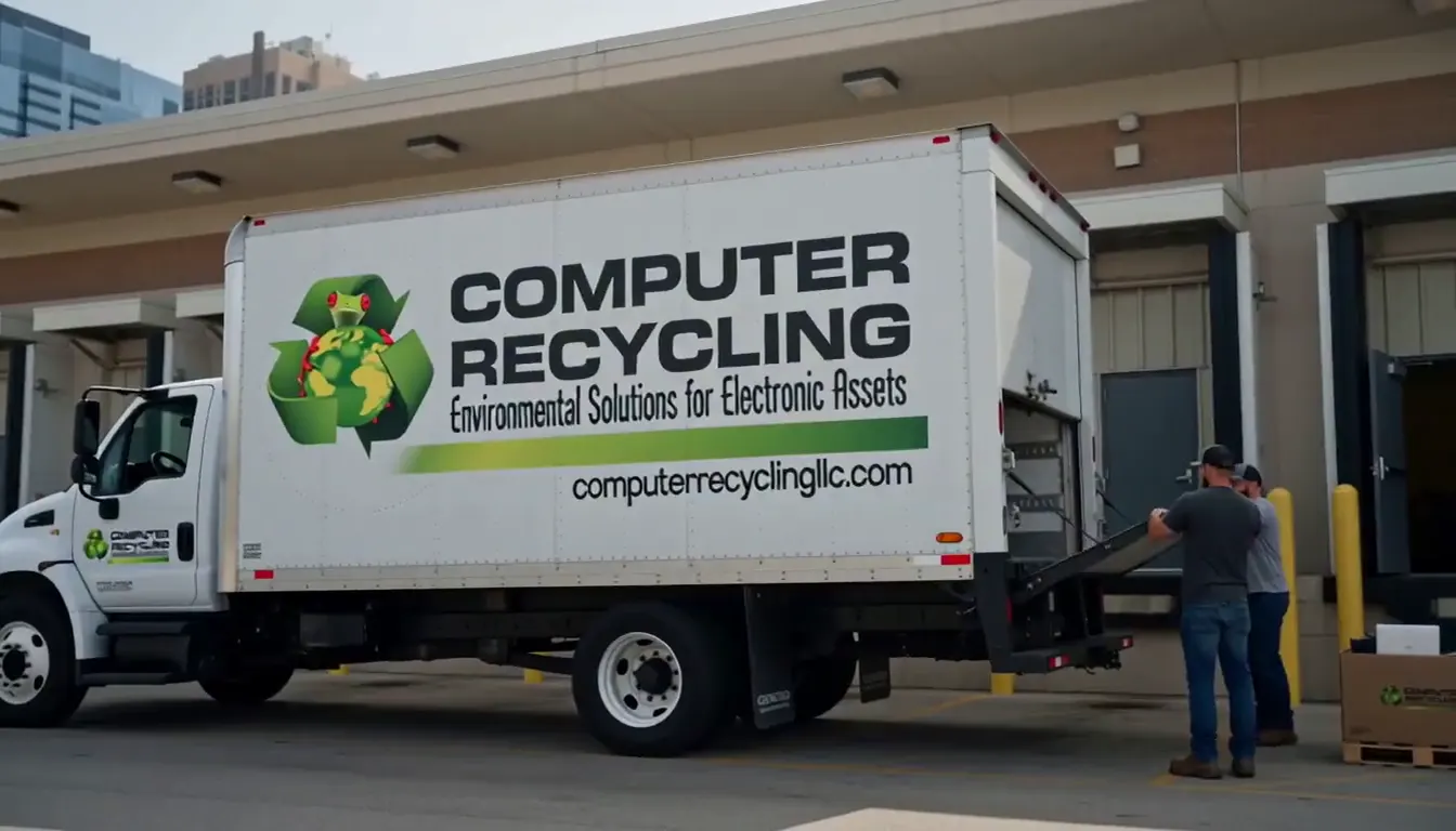 Computer Recycling LLC box truck at a business loading dock while the crew loads a gaylord of old laptops and phones