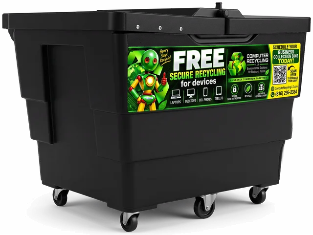 Computer Recycling LLC collection bin with a green Free Secure Recycling label