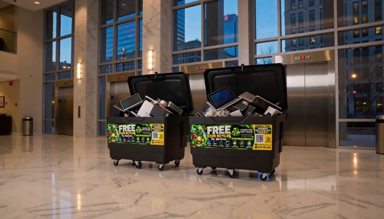 Two collection bins full of old laptops and tablets in an office lobby