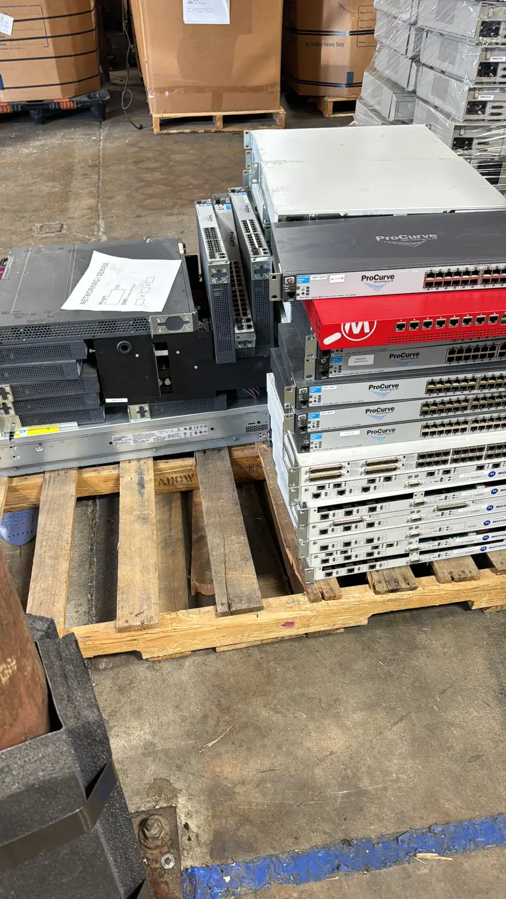 Rack-mount servers and switches on a pallet
