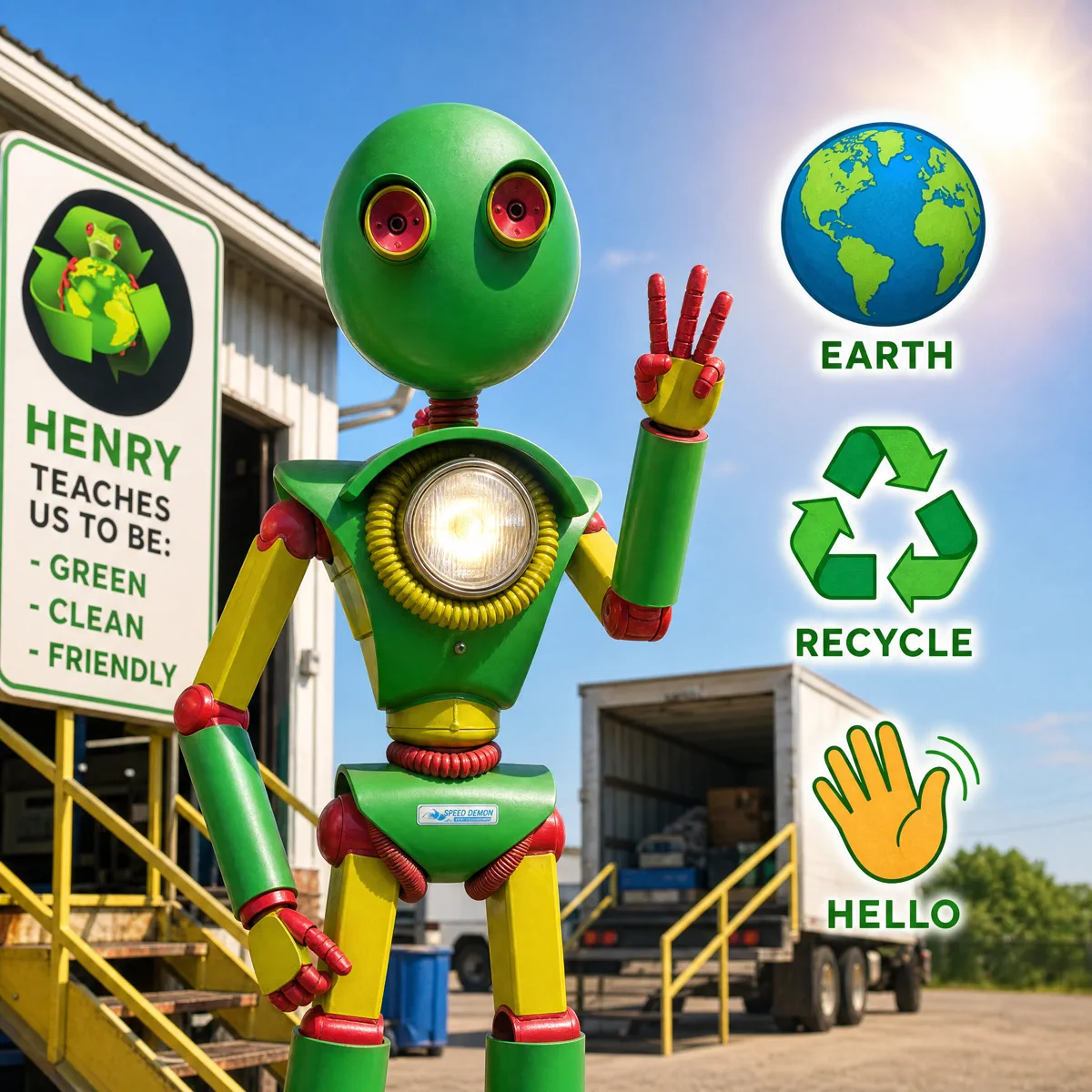 Henry the mascot waving hello at the Computer Recycling LLC facility, with EARTH, RECYCLE, and HELLO icons