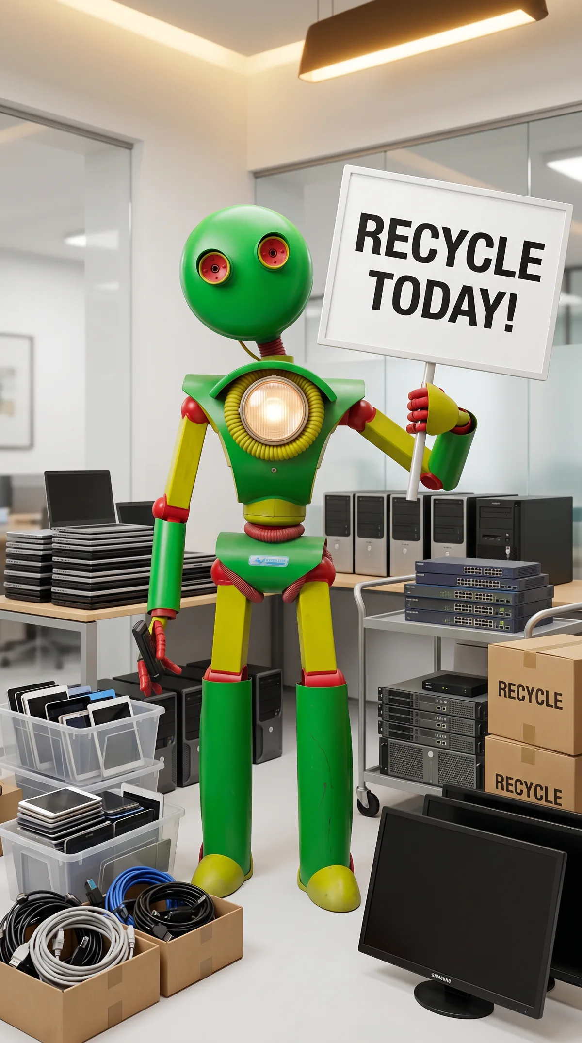 Henry the mascot in an office holding a Recycle Today sign next to stacks of laptops, monitors, cables, and recycle boxes