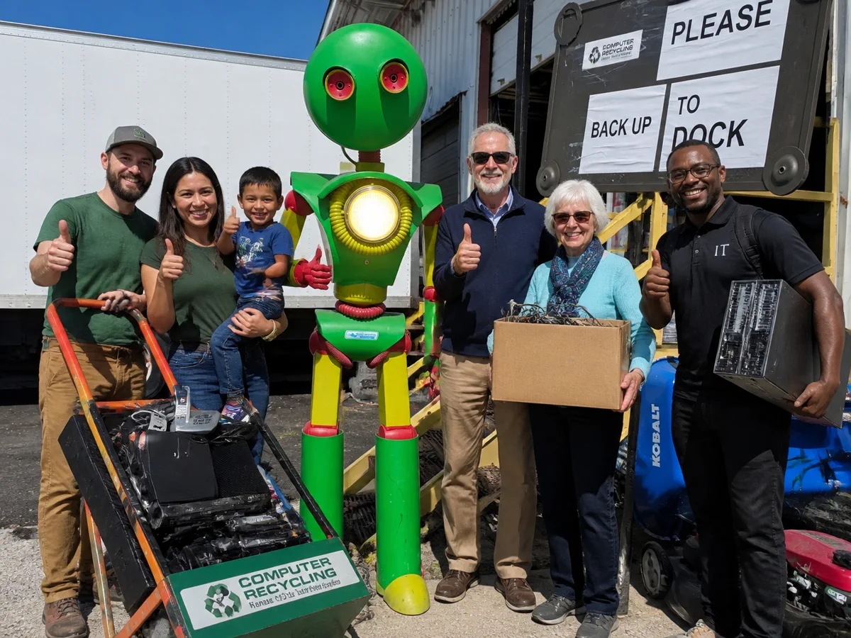 Henry the mascot at the loading dock with a family and IT staff giving thumbs up after dropping off electronics