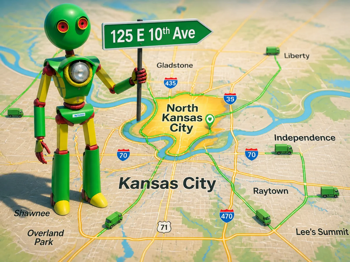 Henry the mascot holding a 125 E 10th Ave sign on a Kansas City metro service area map
