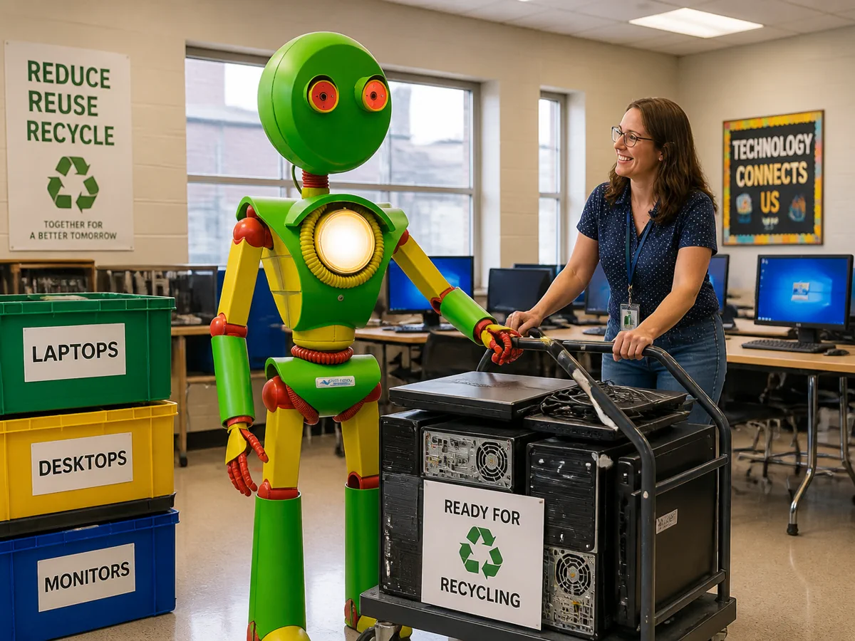 Henry the mascot in a school computer lab beside a teacher rolling a cart of retired desktops past Reduce Reuse Recycle and Technology Connects Us posters