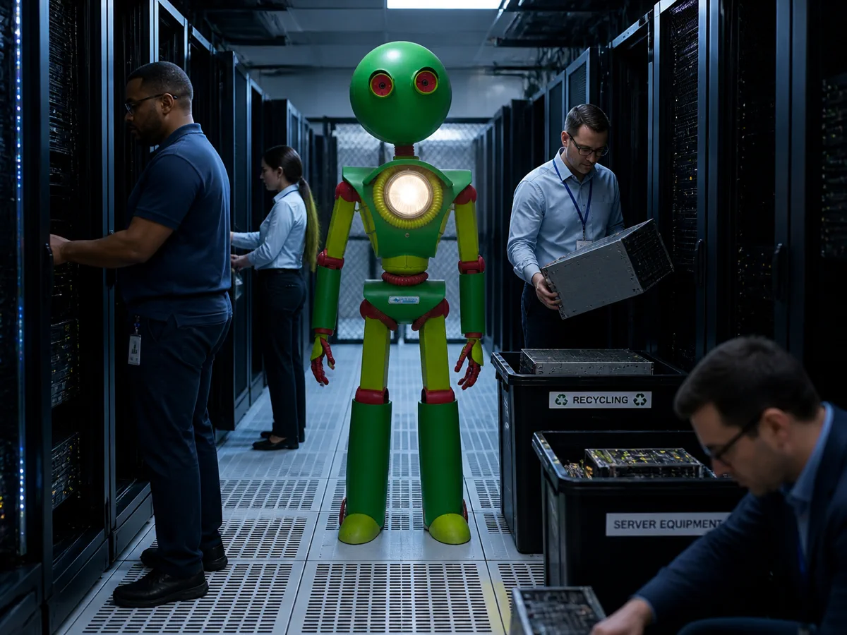Henry the mascot in a data center aisle while technicians decommission server equipment